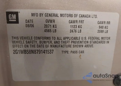 2007 Chevrolet Impala Ls z USA, uszkodzony, nr VIN 2G1WB58N879141537